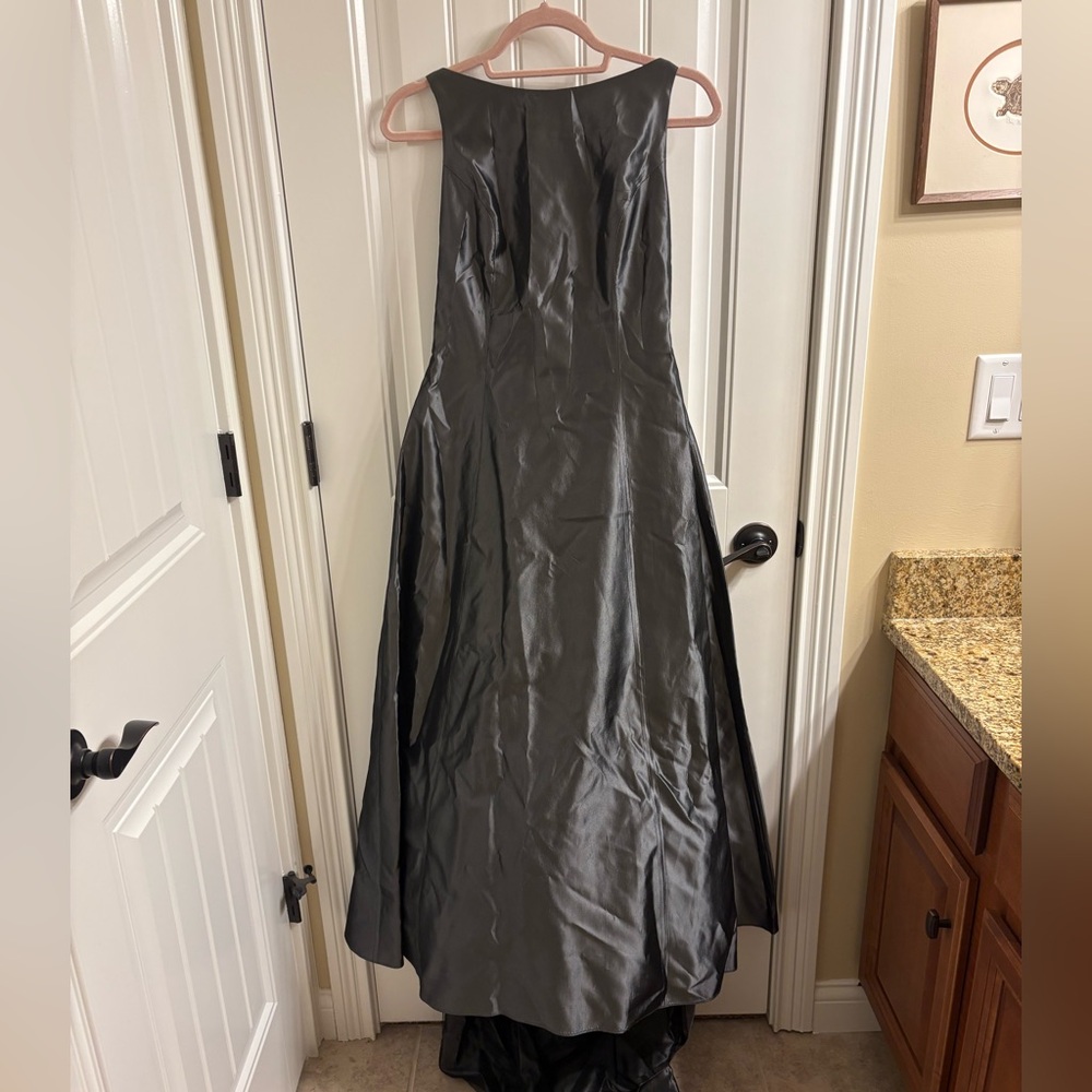 Niki by Niki Livas Gray Shimmer Halter Style Open Back Maxi Gown w Train